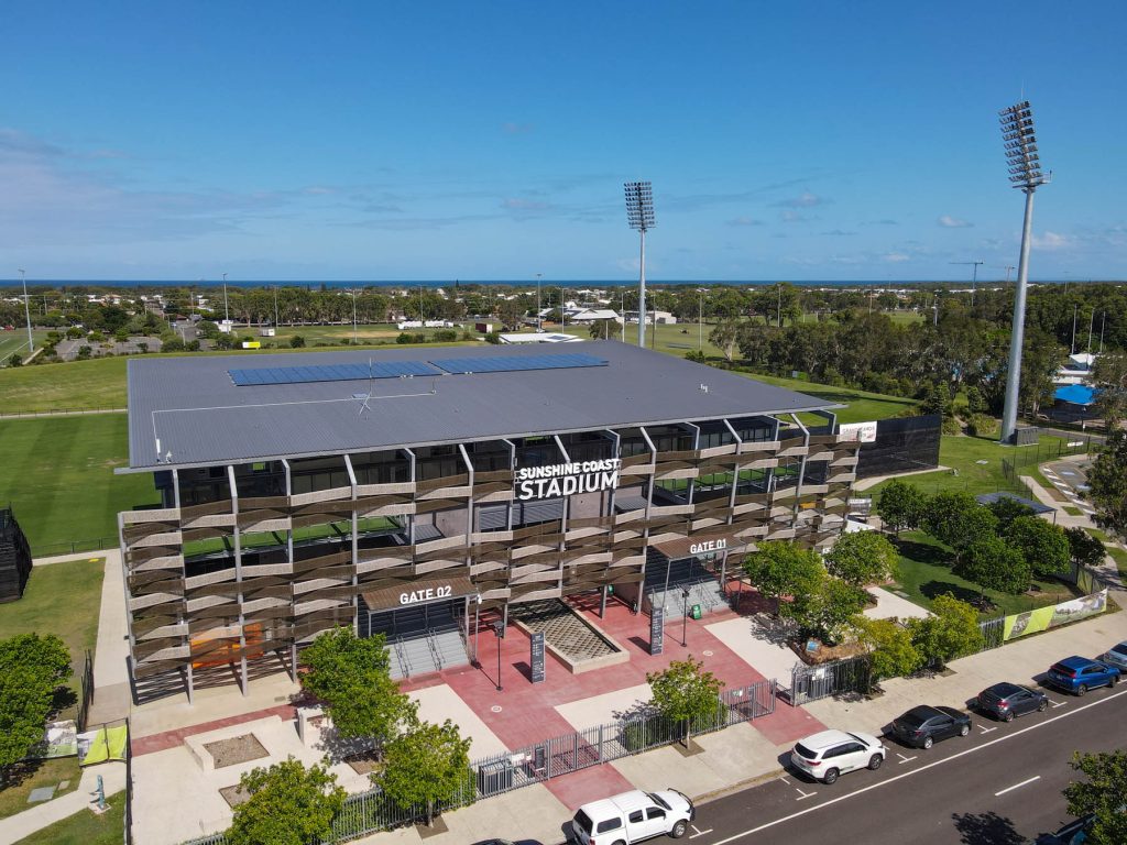 Sunshine Coast, Queensland - January 14 2021: Aerial view of Sunshine Coast Stadium located in Kawana Waters that became the temporary home to the Melbourne Storm during the Covid 19 pandemic